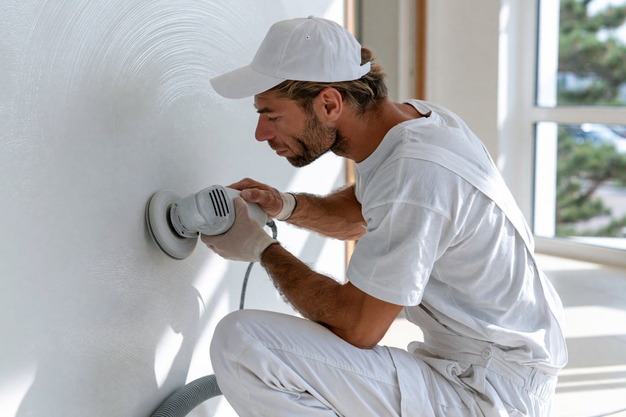 A professional painter using a dustless sander on a white wall during preparation in a Surrey home