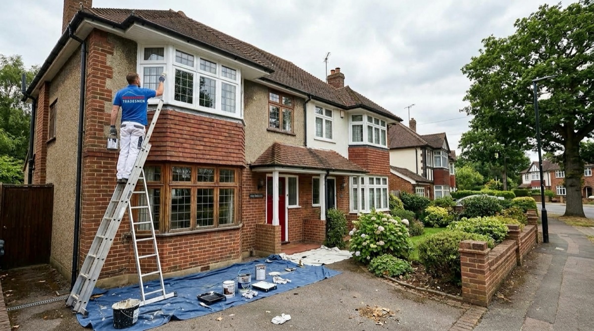 A professional decorator on a ladder painting the exterior white woodwork of a Surrey semi-detached house