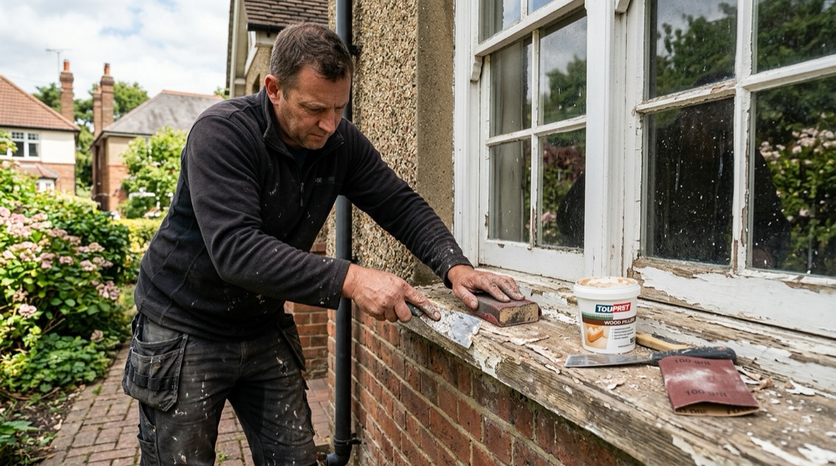 A decorator scraping and sanding flaking old paint from a wooden exterior window sill, with wood filler and sandpaper nearby