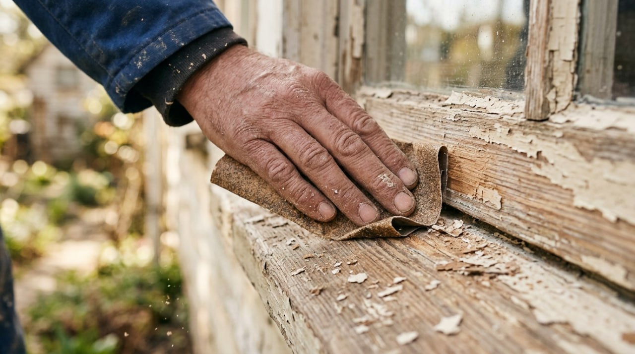Close-up of a painter sanding and preparing exterior window woodwork before painting in Surrey