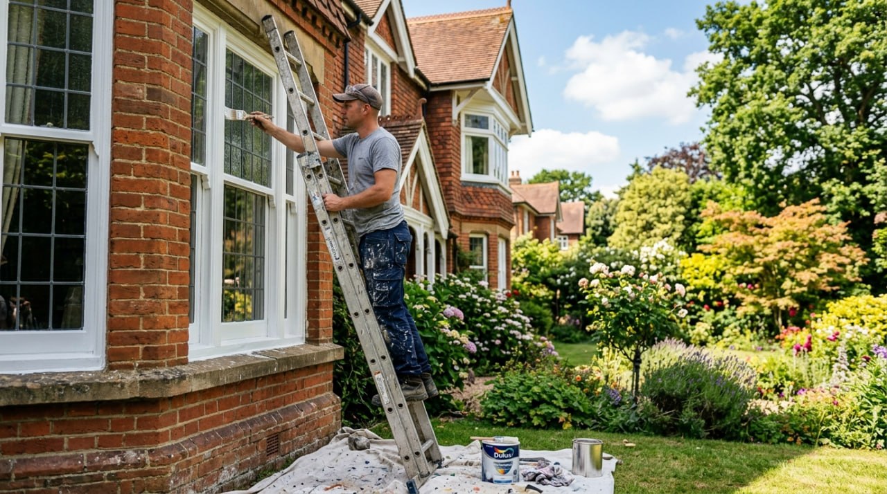A professional painter painting white exterior window frames on a Surrey home in summer