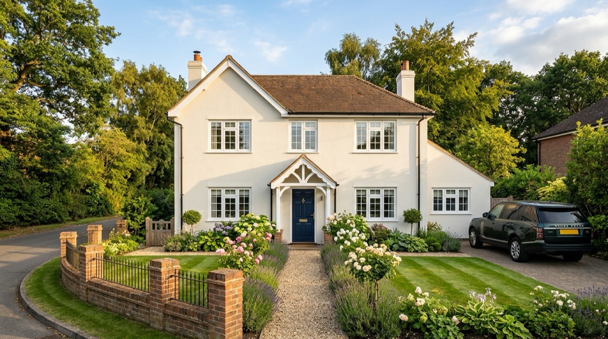 A freshly painted rendered Surrey home in soft off-white with crisp white windows and a smart front door
