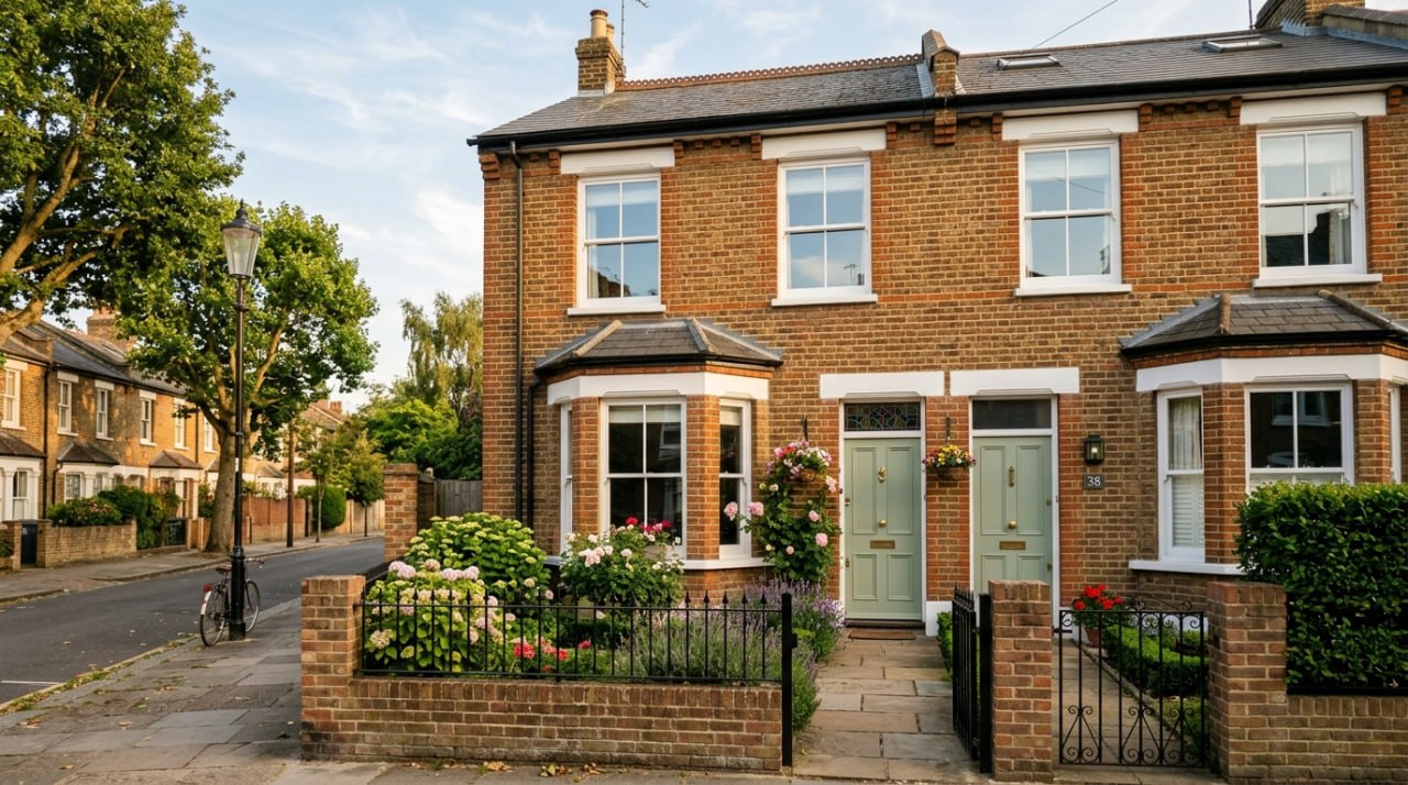 A beautifully painted Victorian house exterior with white window frames and sage green front door in Surrey