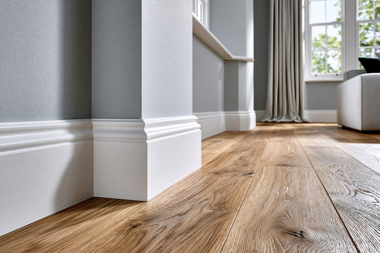 Freshly painted white skirting boards with clean joints against a light grey wall and oak floor in a Surrey home