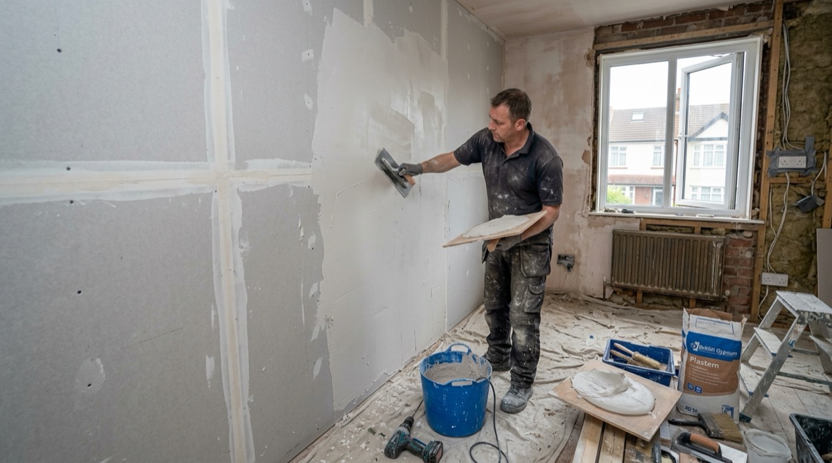 A plasterer applying a thicker base coat of plaster over bare plasterboard, with a mixing bucket and tools nearby