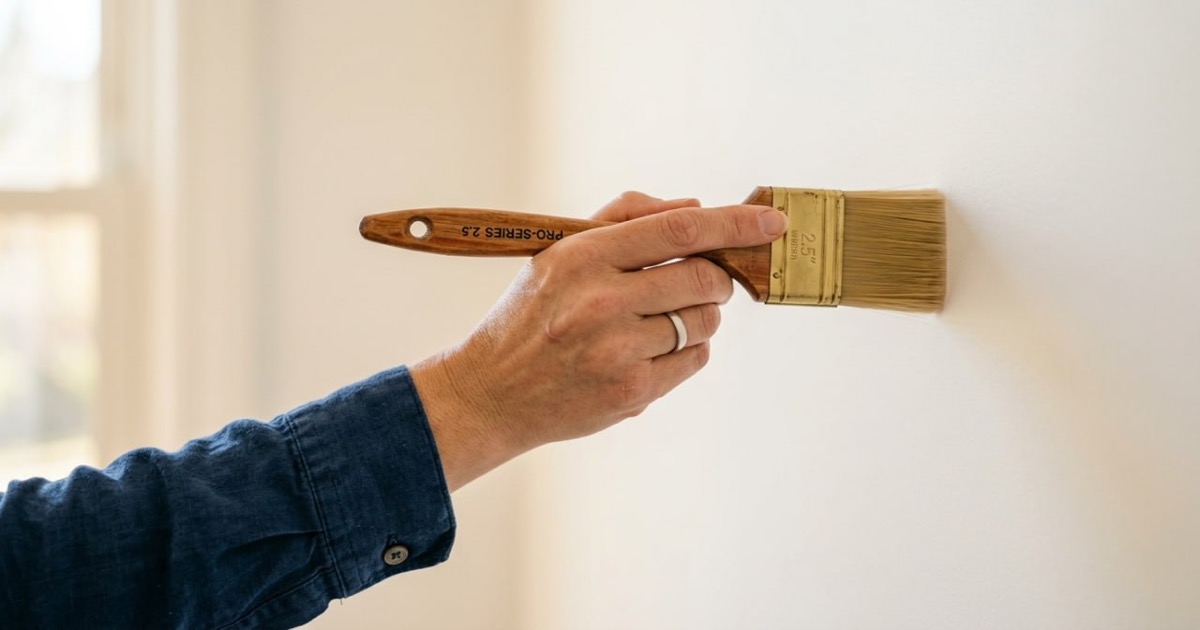 Professional painter's hand holding a brush against a freshly painted white wall in a Surrey home