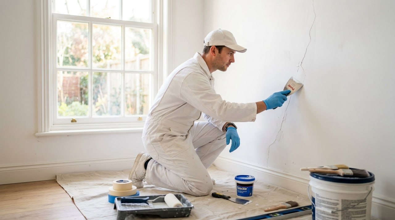 A professional painter filling a crack in a white wall with a putty knife before painting in a Surrey home