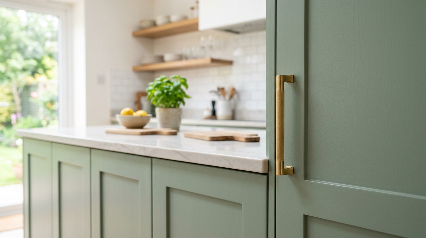 Close-up of a freshly painted sage green kitchen cabinet door with a new brushed brass handle and flawless finish
