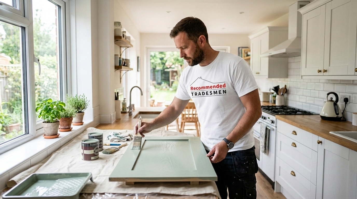 A professional painter hand-painting a kitchen cabinet door in soft sage green in a bright modern Surrey kitchen
