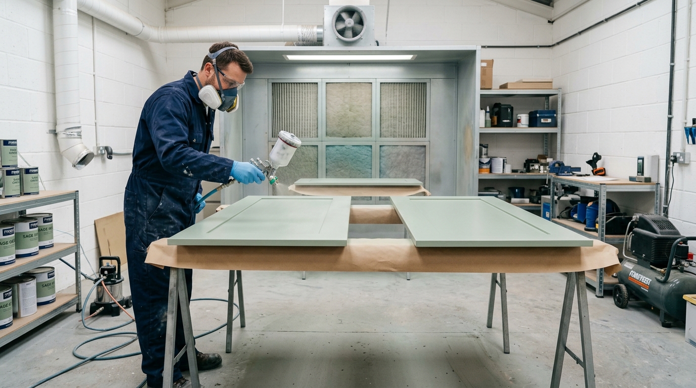 Kitchen cabinet doors laid flat in a professional spray-painting workshop receiving an even spray finish