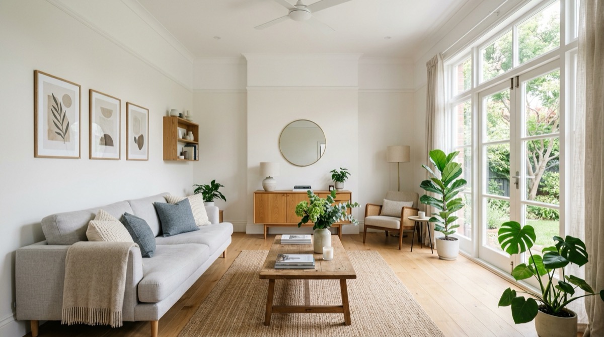 A bright living room freshly painted in a pale warm white where a dark colour used to be