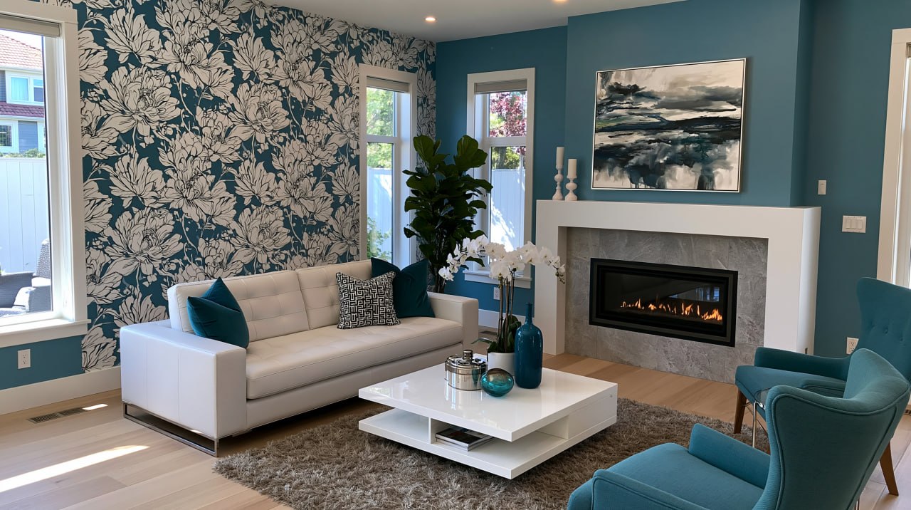 Beautiful Surrey living room with painted teal walls and floral wallpaper feature wall — showing combined painting and decorating work
