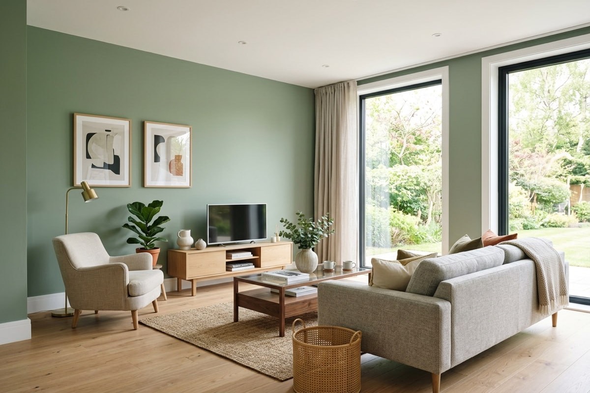 Freshly painted living room with sage green walls and white woodwork in a Surrey home