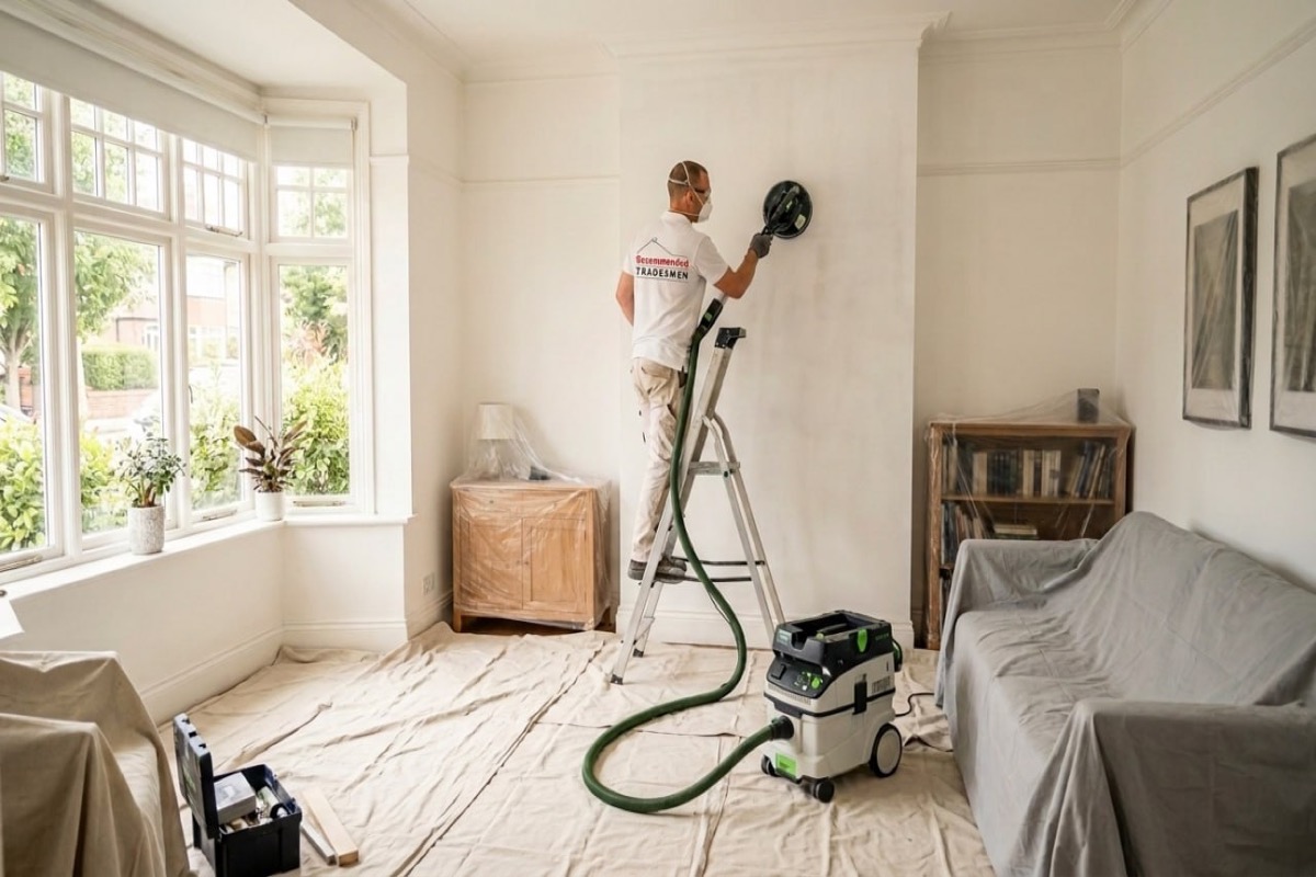 Professional painter sanding a wall with dustless sanding equipment in a Surrey home