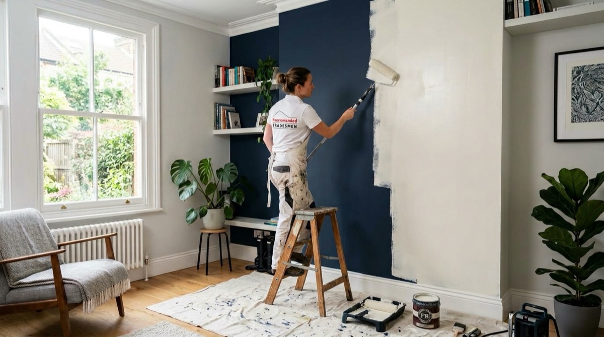 A Recommended Tradesmen decorator rolling off-white paint over a dark navy feature wall, the old colour disappearing under fresh paint