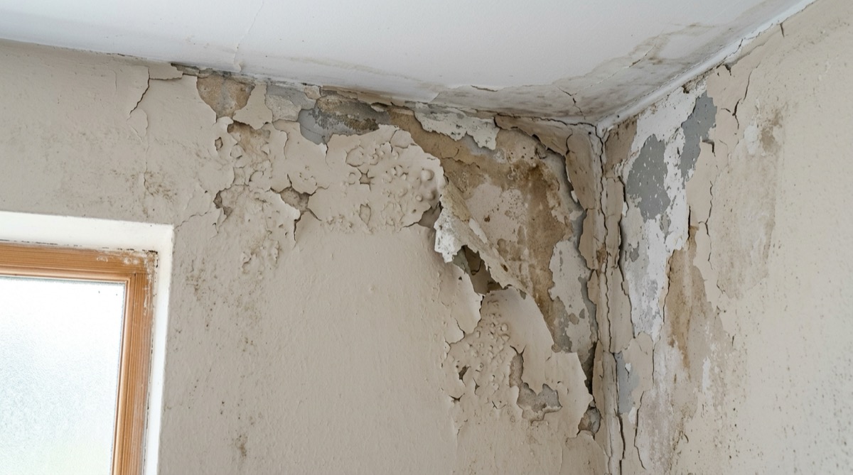 Severely peeling and cracked paint on a wall near a ceiling corner caused by moisture getting behind the surface