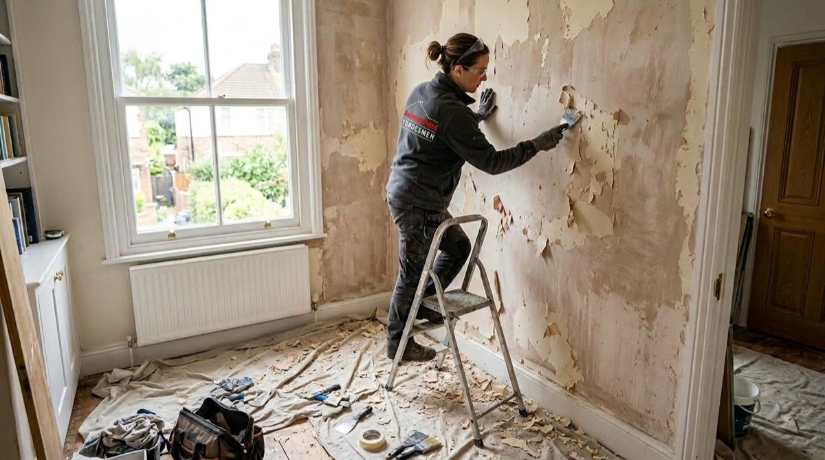A Recommended Tradesmen decorator scraping loose flaking paint from an interior wall before repair in a Surrey home