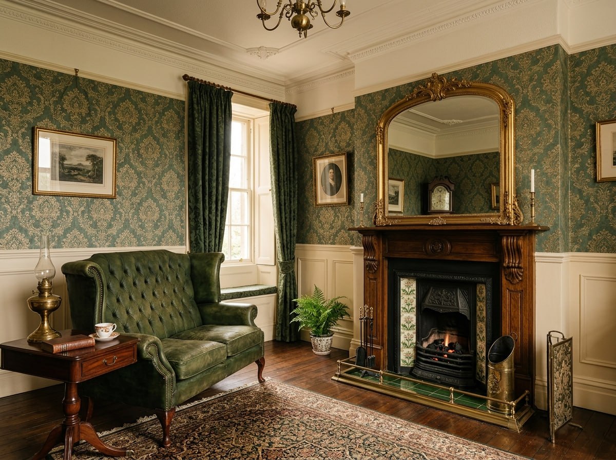 A Victorian living room with elegant wallpaper above a white dado rail and painted walls below in a Surrey home