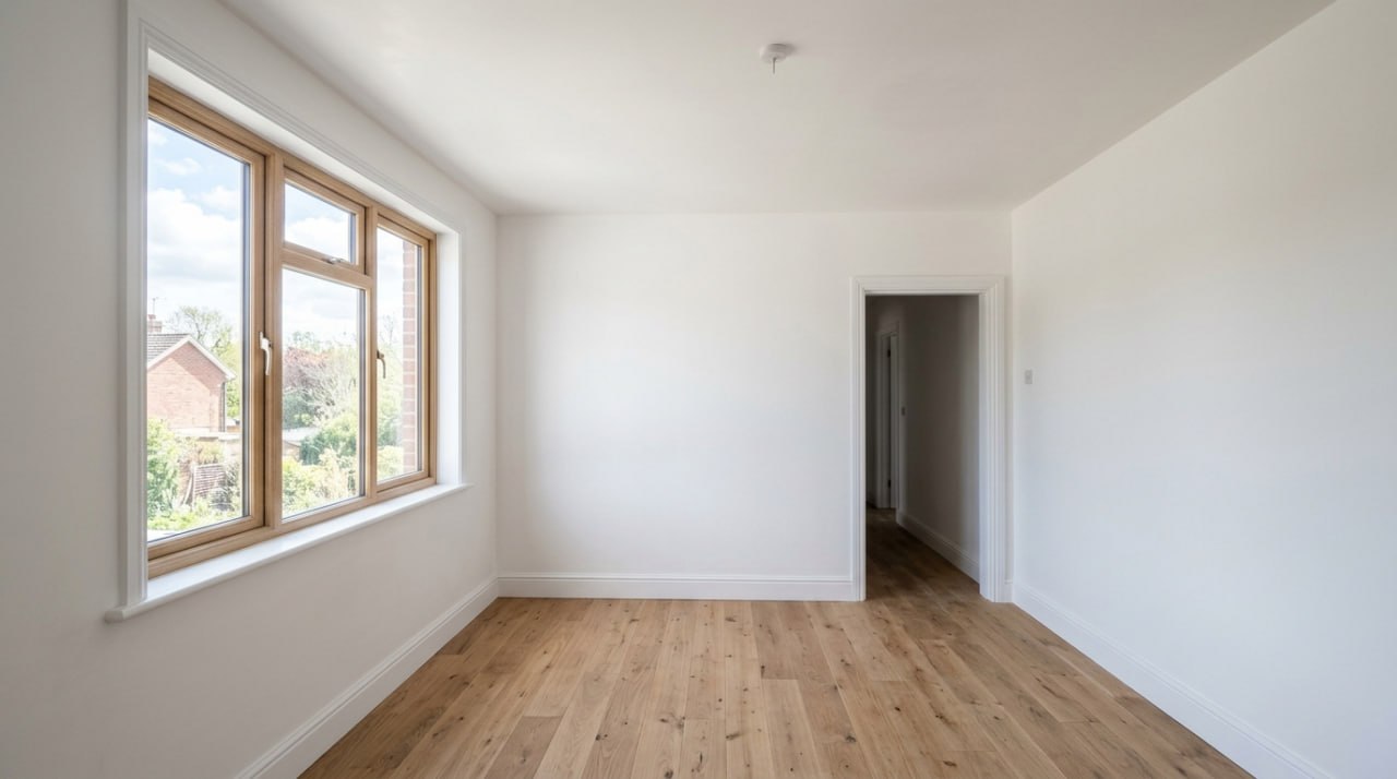 Freshly plastered white walls and ceiling in a room during a Surrey house refurbishment