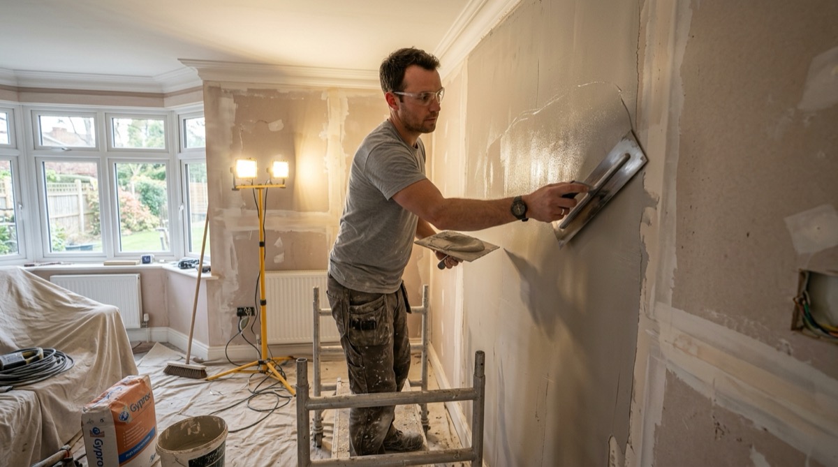 A plasterer applying a smooth skim coat to an interior wall with a steel trowel in a Surrey home