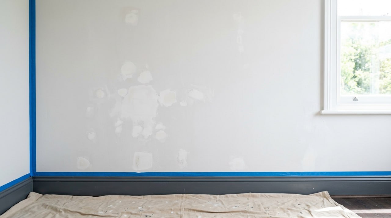 A perfectly prepared white wall ready for painting, smooth finish, clean edges with masking tape, bright natural light in a Surrey home