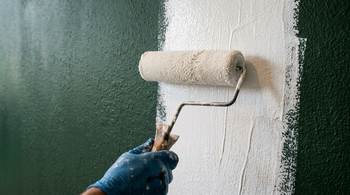 White primer being rolled over a dark green wall, visibly covering the old colour underneath