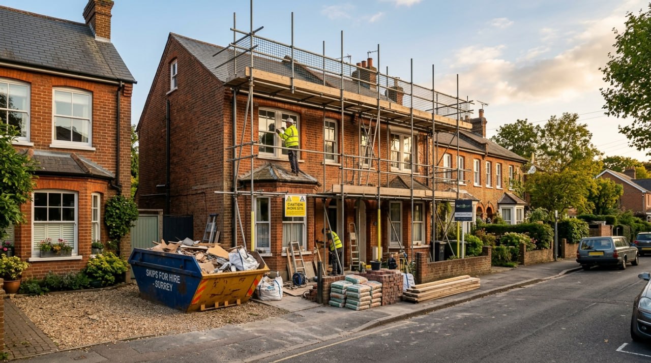 A Victorian house in Surrey undergoing refurbishment with scaffolding and a skip in the driveway