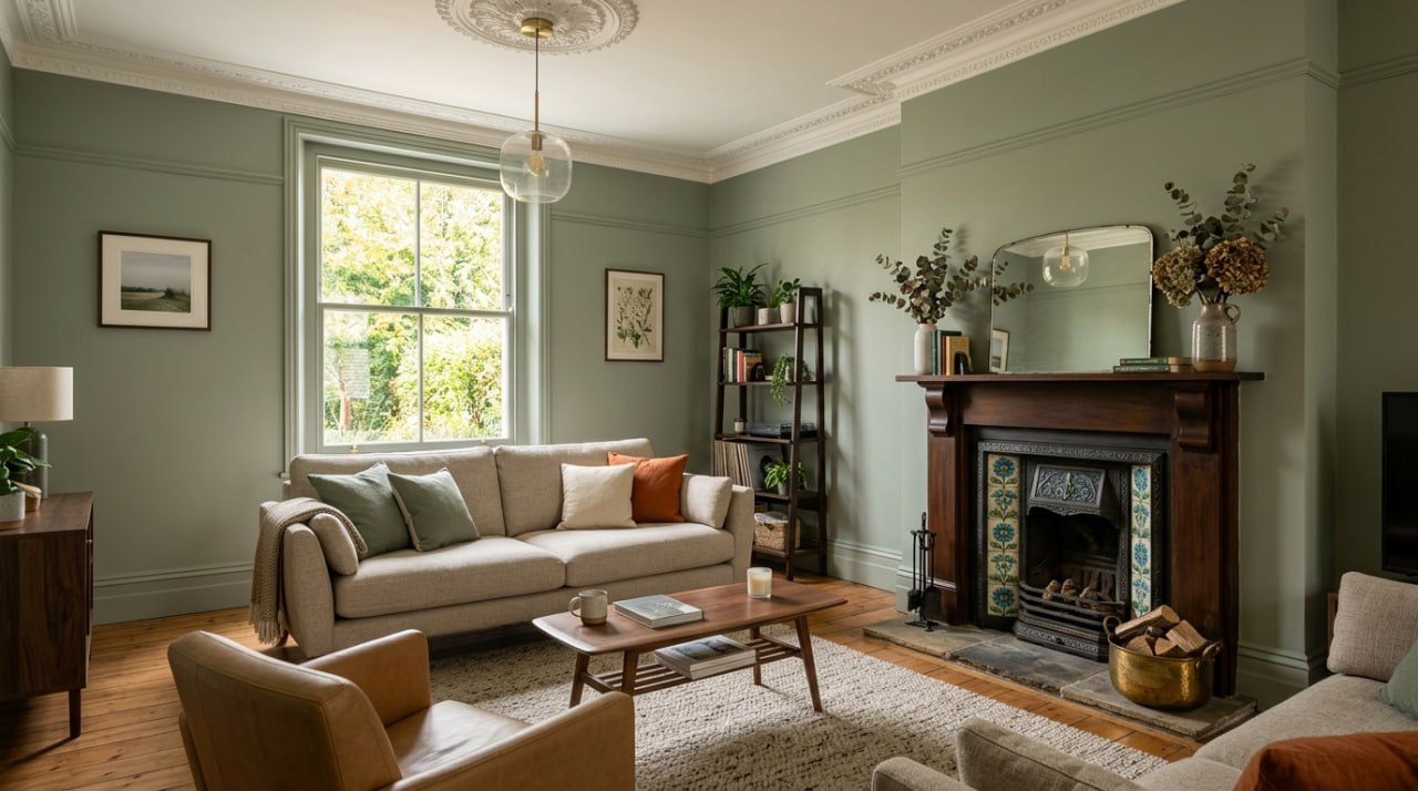A fully refurbished and decorated living room in a Surrey home with fresh paint, new flooring, and period features restored