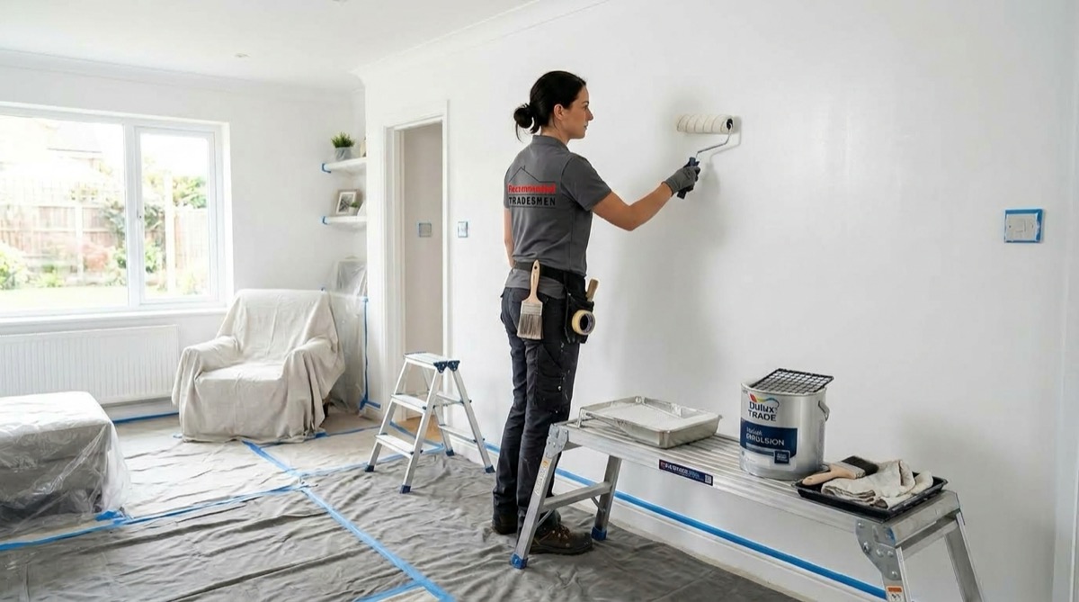 A decorator applying a smooth final coat of white paint to a properly repaired and primed interior wall with a roller