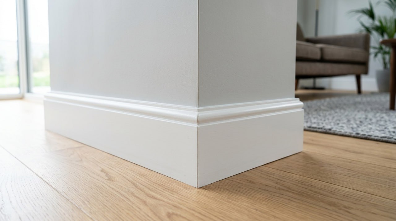 White painted skirting boards with clean mitre joints against a light grey wall in a Surrey home