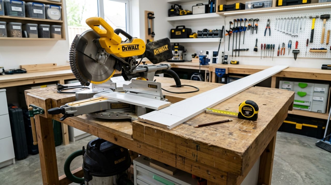 A mitre saw and coping saw on a workbench with a piece of white skirting board ready to be cut