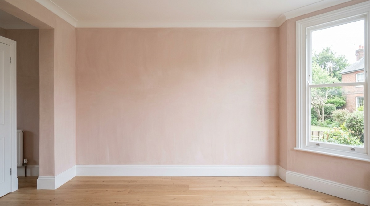 A perfectly smooth freshly skimmed wall drying to an even pale pink finish in a bright, empty living room