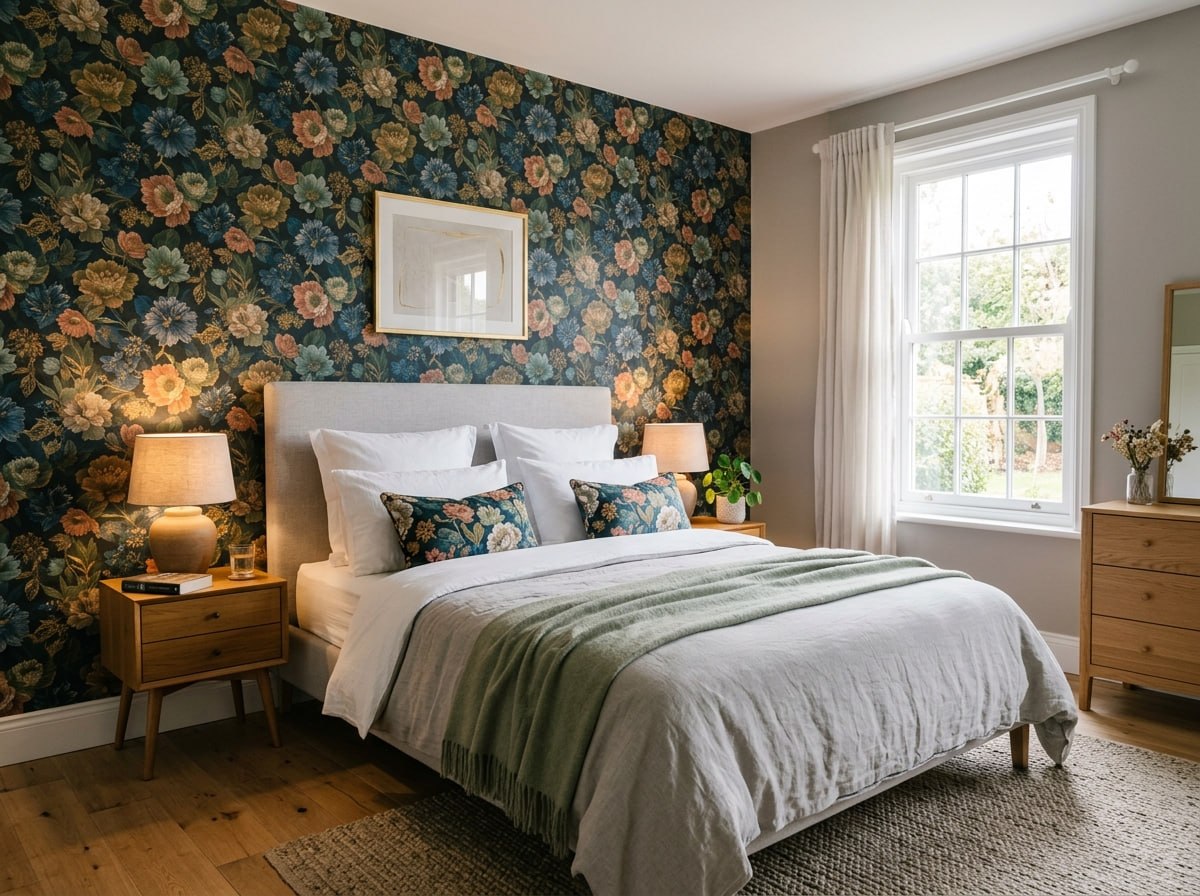 A bedroom with a bold patterned wallpaper feature wall behind the bed and painted walls in a complementary colour