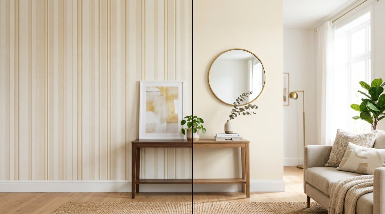 A living room wall split between wallpaper and paint, showing both options side by side in a Surrey home